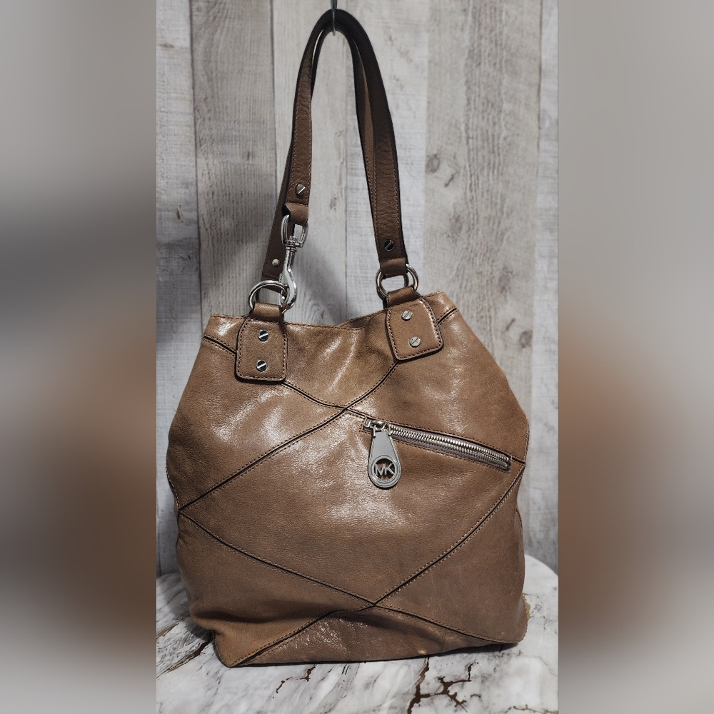Michael Kors Taupe Quilt Pattern Leather Hobo Shoulder Bag